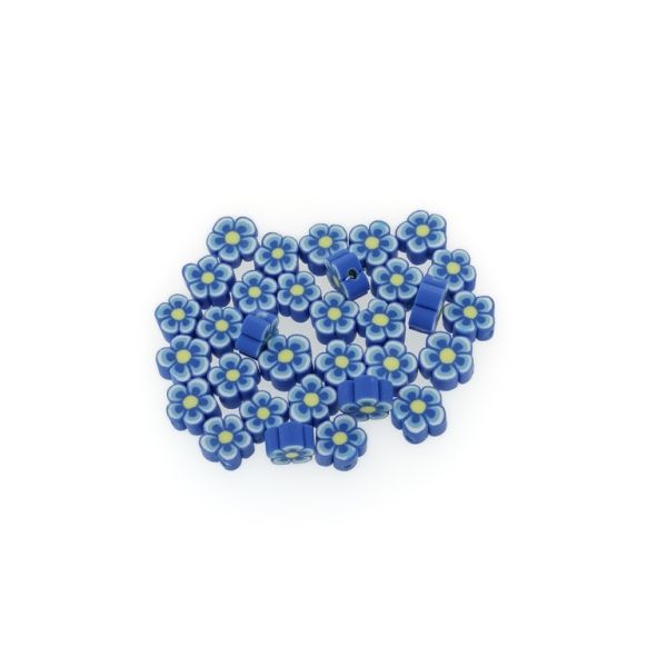 POLYMER CLAY FIMO BEADS - FLOWER 02 - 9mm BLUE (DARK)-WHITE-BLUE (LIGHT)-YELLOW - 50pcs. Hole-1.6mm