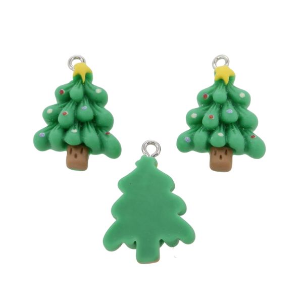 ПЛАСТМАСОВИ МЪНИСТА - РЕЗИН 3D - ВИСУЛКА - ЕЛХА КОЛЕДНА 07 - 18х26х5мм ЗЕЛЕНО-ЖЪЛТО-КАФЯВО - ПАКЕТ 30 бр. Отвор-2.0мм