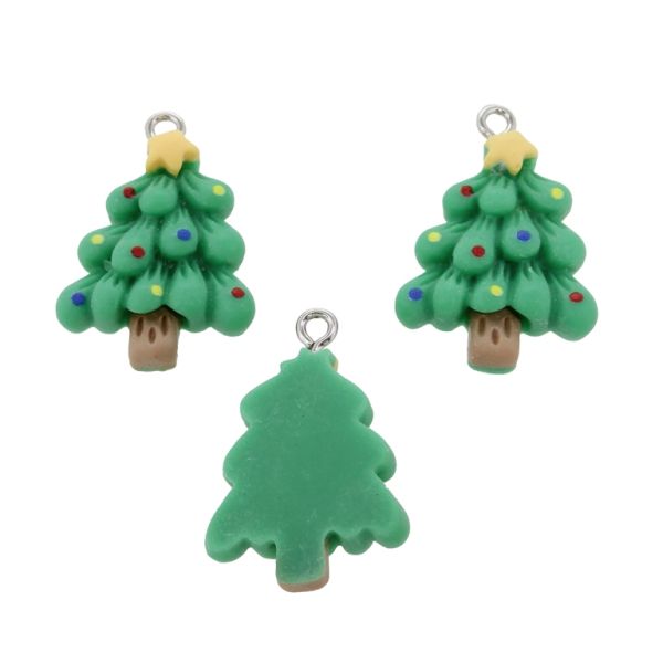 PLASTIC BEADS - RESIN 3D - PENDANT - CHRISTMAS TREE 07 - 19x27x6mm GREEN-YELLOW-BROWN - 2pcs. Hole-2.0mm