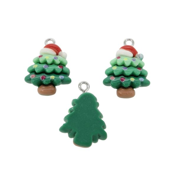 PLASTIC BEADS - RESIN 3D - PENDANT - CHRISTMAS TREE 08 - 16x23x7mm GREEN-GREEN (LIGHT)-RED-WHITE - 2pcs. Hole-2.0mm