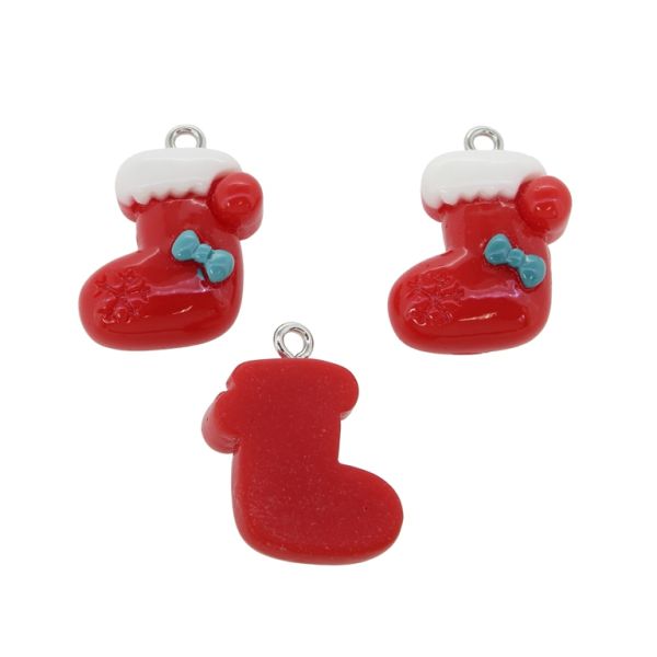 ПЛАСТМАСОВИ МЪНИСТА - РЕЗИН 3D - ВИСУЛКА - КОЛЕДЕН ЧОРАП 05 - 17х24х7мм ЧЕРВЕНО-БЯЛО-ТЮРКОАЗ - ПАКЕТ 30 бр. Отвор-2.0мм