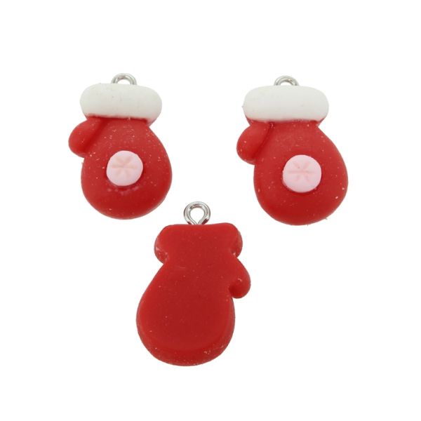 PLASTIC BEADS - RESIN 3D - PENDANT - CHRISTMAS GLOVE 05 - 15x24x8mm RED-WHITE-PINK (LIGHT) - PACKAGE 30pcs. Hole-2.0mm