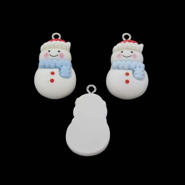 PLASTIC BEADS - RESIN 3D - PENDANT - SNOWMAN 11 - 17x29x7mm WHITE-RED (LIGHT)-BLUE (LIGHT) - PACKAGE 30pcs. Hole-2.0mm