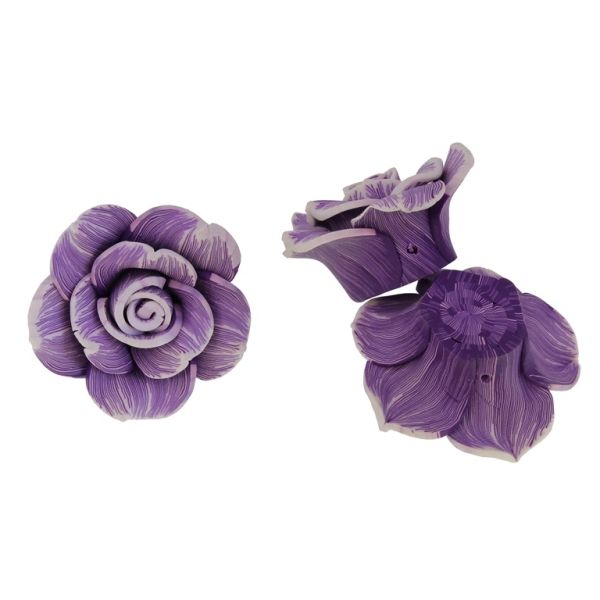 POLYMER CLAY FIMO BEADS - ROSE 01 STRIPES - 40x18mm WHITE-PURPLE 78 - 2pcs. Hole-2.0mm