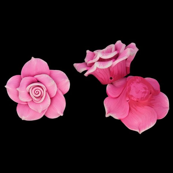 POLYMER CLAY FIMO BEADS - ROSE 01 STRIPES - 40x20mm WHITE-PINK ELECTRICAL 73 - PACKAGE 24pcs. Hole-2.0mm