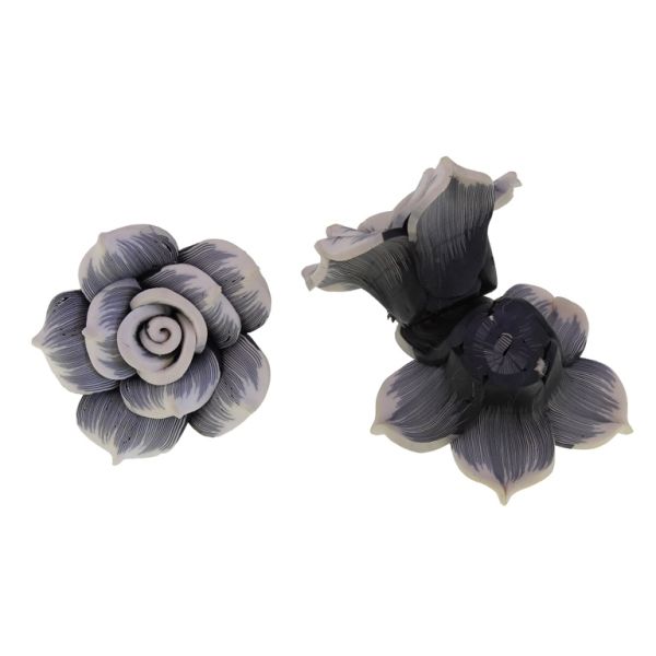 POLYMER CLAY FIMO BEADS - ROSE 01 STRIPES - 40x20mm ECRU-GRAY 75 - 2pcs. Hole-2.0mm