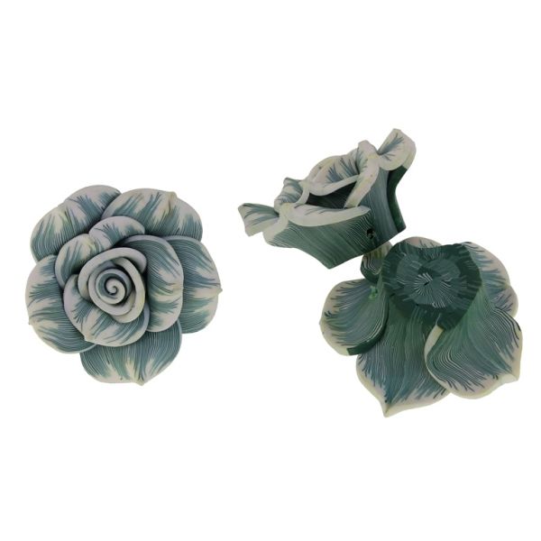 POLYMER CLAY FIMO BEADS - ROSE 01 STRIPES - 40x20mm CHAMPAGNE-GREEN (DARK) 69 - 2pcs. Hole-2.0mm