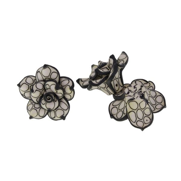 POLYMER CLAY FIMO BEADS - ROSE 01 CIRCLES - 35x20mm ECRU-BLACK 87 - PACKAGE 40pcs. Hole-2.0mm
