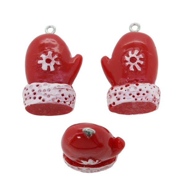 PLASTIC BEADS - RESIN 3D - PENDANT - CHRISTMAS GLOVE 02 - 34x20x16mm RED AND WHITE - PACKAGE 20pcs. Hole-2.0mm