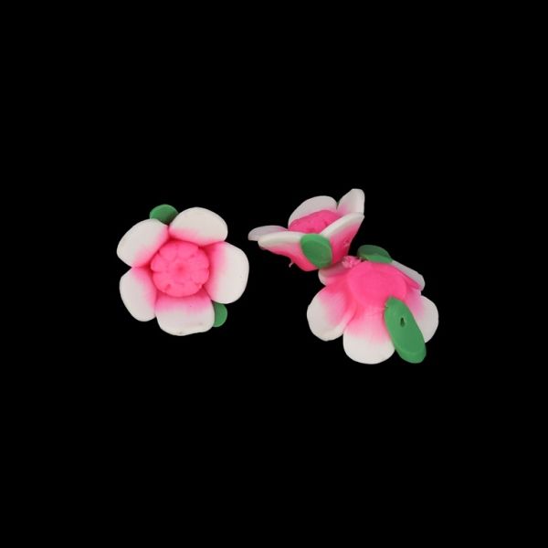 POLYMER CLAY FIMO BEADS - FLOWER 01 - 28x13mm ECRU-PINK ELECTRICAL-GREEN 03 - PACKAGE 100pcs. Hole-2.0mm