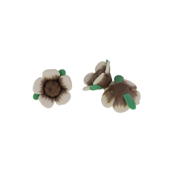 POLYMER CLAY FIMO BEADS - FLOWER 01 - 30x13mm ECRU-BROWN (DARK)-GREEN 02 - PACKAGE 100pcs. Hole-2.0mm