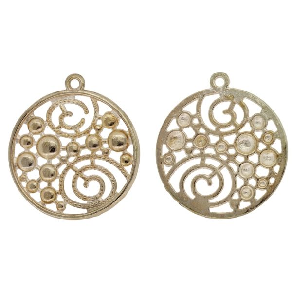 METAL BEADS - PENDANT - CIRCLE WITH SPIRALS 01 FILIGREE - 29x33x1.8mm GOLD - SECOND-RATE - PACKAGE 20pcs. Hole-1.9mm