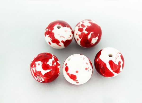 OPAQUE PLASTIC BEADS - SPRAYED - BALL - 20 MM RED WITH WHITE - 50g Hole:3.0mm (11pcs.)