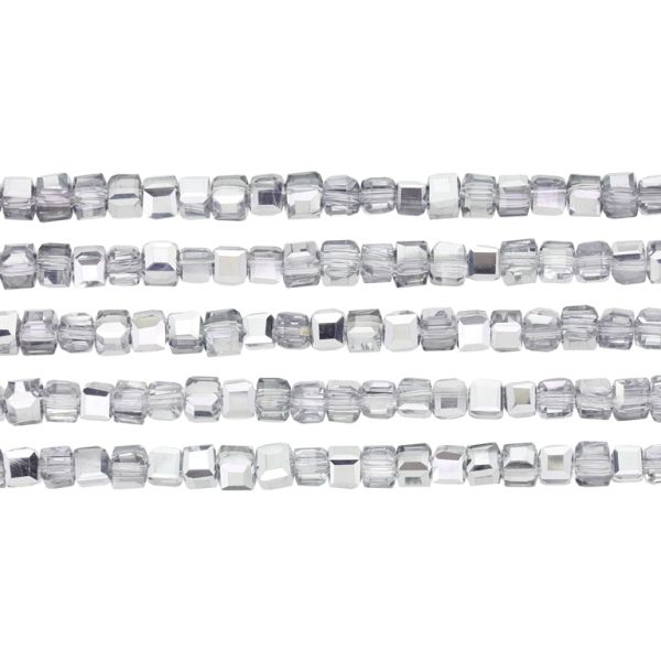 GLASS BEADS - CRYSTALS - CUBE 4x4mm - TRANSPARENT - SILVER SEMI-METALLIC 108 - PACKAGE (5x98pcs.) Hole-1.2mm