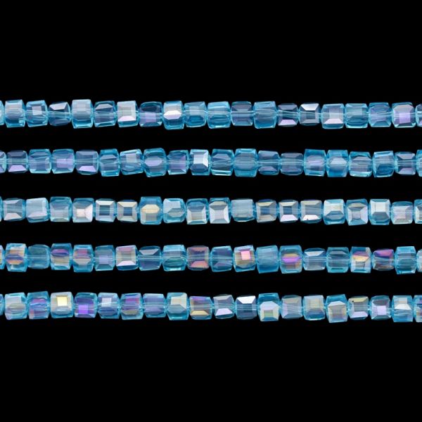 GLASS BEADS - CRYSTALS - CUBE 4х4mm - АВ TRANSPARENT - BLUE (LIGHT) 008АВ - STRING (98pcs.) Hole-1.2mm