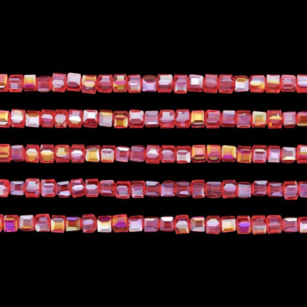 GLASS BEADS - CRYSTALS - CUBE 4х4mm - АВ TRANSPARENT - RED 033АВ - STRING (98pcs.) Hole-1.2mm