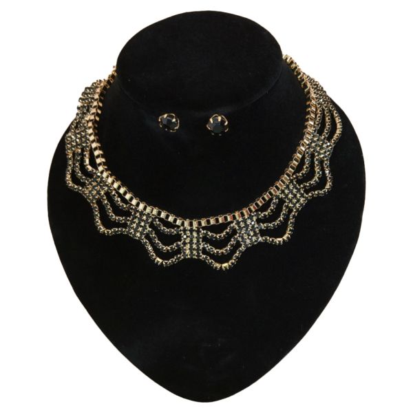 JEWELRY - SET - CHAIN ​​WITH CRYSTALS - S59 - GOLD WITH BLACK - PACKAGE (2 sets)