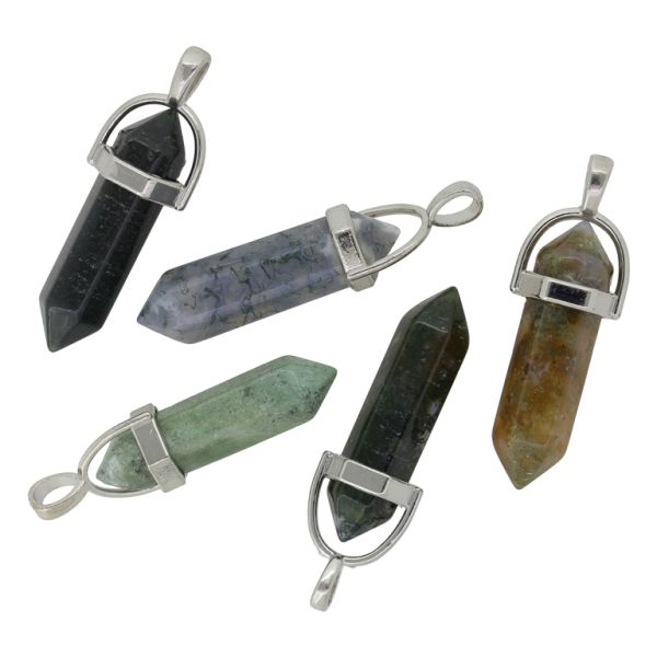 NATURAL STONE PENDANT - HEXAGON 02 - 43x13mm - AGATE INDIANA - SILVER HARDWARE - PACKAGE 5pcs. Hole-4.5mm
