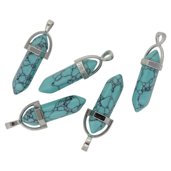 NATURAL STONE PENDANT - HEXAGON 02 - 43x13mm - TURQUOISE - SILVER HARDWARE - 1pc. Hole-4.5mm