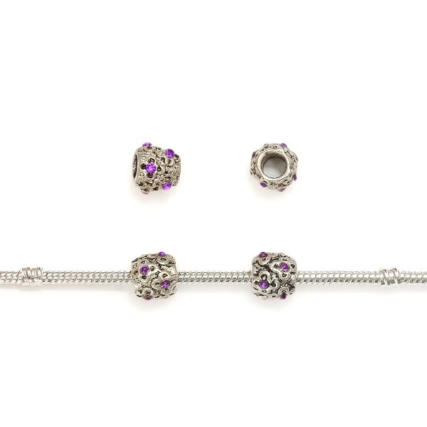 PANDORA TYPE - METAL WITH CRYSTALS - CYLINDER FLOWERS 03 - 9x9mm NICKEL AND PURPLE - 60pcs. Hole-4.5mm