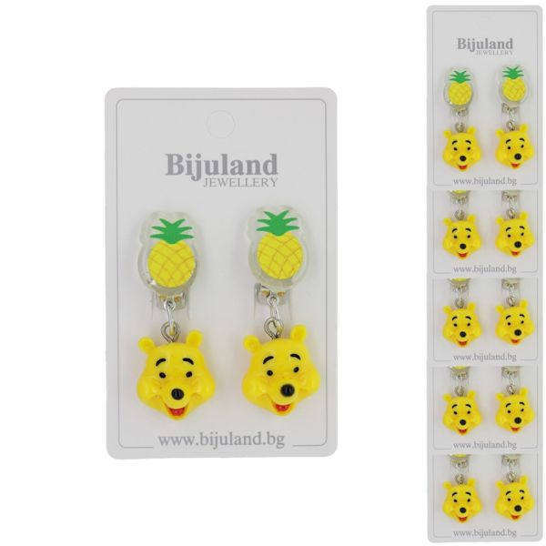 JEWELRY - EARRINGS - CLIP ON - CHILDREN'S - PINEAPPLE WITH WINNIE THE POOH Е391 - YELLOW-GREEN - PACKAGE 6 pairs