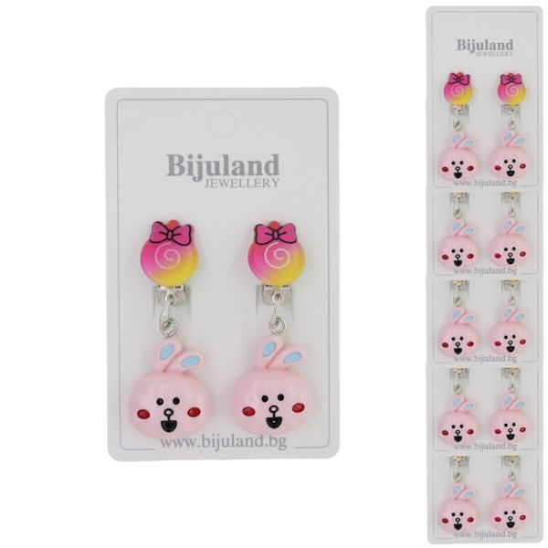JEWELRY - EARRINGS - CLIP ON - CHILDREN'S - LOLLIPOP WITH RABBIT Е394 - CYCLAMEN-PINK (LIGHT) - PACKAGE 6 pairs