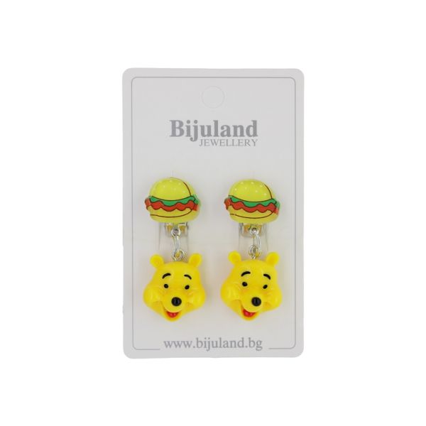 JEWELRY - EARRINGS - CLIP ON - CHILDREN'S - BURGER WITH WINNIE THE POOH Е390 - YELLOW-RED - 1 pair
