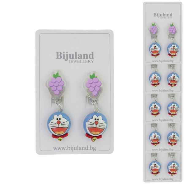 JEWELRY - EARRINGS - CLIP ON - CHILDREN'S - GRAPES WITH DORAEMON Е398 - PURPLE (LIGHT)-BLUE - PACKAGE 6 pairs