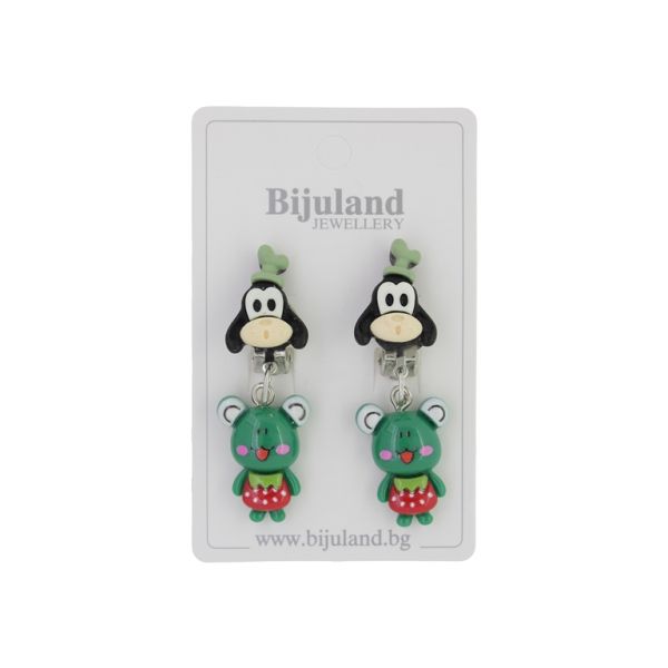 JEWELRY - EARRINGS - CLIP ON - CHILDREN'S - GOOFY WITH FROG Е411 - BLACK-GREEN (DARK) - 1 pair