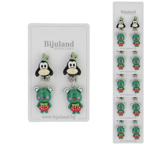 JEWELRY - EARRINGS - CLIP ON - CHILDREN'S - GOOFY WITH FROG Е411 - BLACK-GREEN (DARK) - PACKAGE 6 pairs