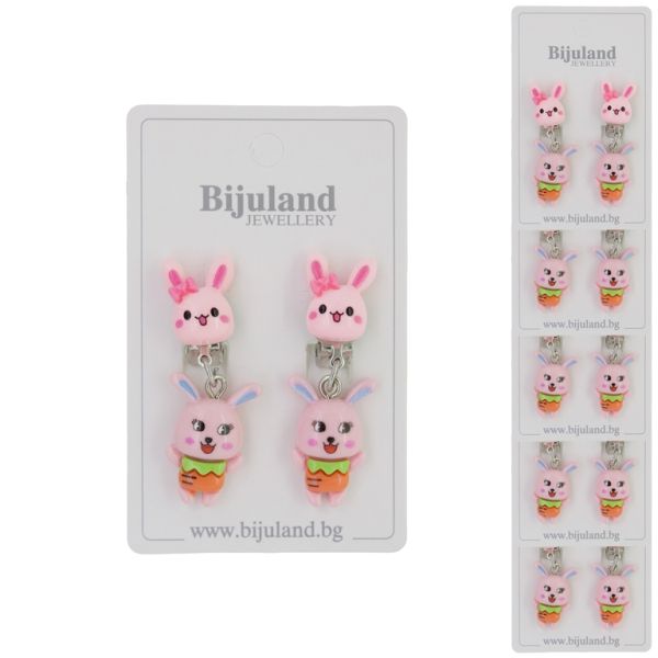 JEWELRY - EARRINGS - CLIP ON - CHILDREN'S - RABBIT WITH RABBIT Е401 - PINK (LIGHT)-PINK (LIGHT) - PACKAGE 6 pairs