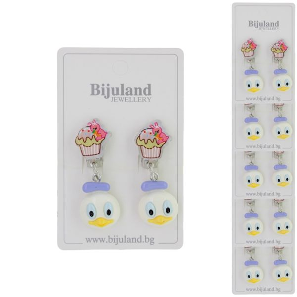 JEWELRY - EARRINGS - CLIP ON - CHILDREN'S - CAKE WITH DUCK Е385 - PINK (LIGHT)-WHITE - PACKAGE 6 pairs