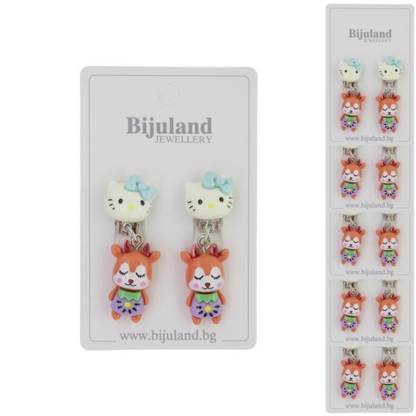 JEWELRY - EARRINGS - CLIP ON - CHILDREN'S - KITTY WITH DEER Е399 - WHITE-ORANGE (DARK) - PACKAGE 6 pairs