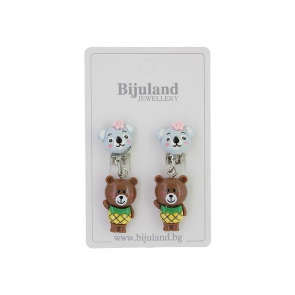 JEWELRY - EARRINGS - CLIP ON - CHILDREN'S - KOALA WITH BEAR Е417 - BLUE (LIGHT)-BROWN (DARK) - 1 pair