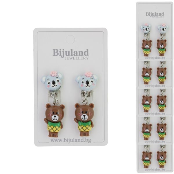 JEWELRY - EARRINGS - CLIP ON - CHILDREN'S - KOALA WITH BEAR Е417 - BLUE (LIGHT)-BROWN (DARK) - PACKAGE 6 pairs