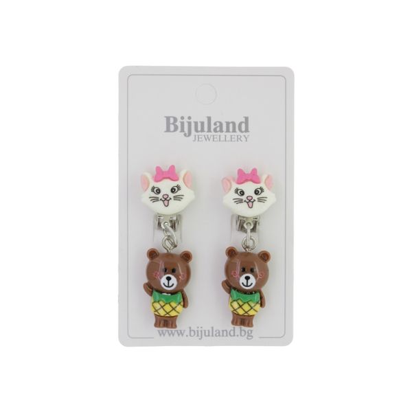 JEWELRY - EARRINGS - CLIP ON - CHILDREN'S - CAT MARIE WITH BEAR Е415 - WHITE-BROWN (DARK) - 1 pair
