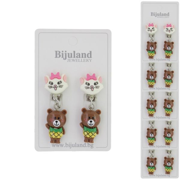 JEWELRY - EARRINGS - CLIP ON - CHILDREN'S - CAT MARIE WITH BEAR Е415 - WHITE-BROWN (DARK) - PACKAGE 6 pairs