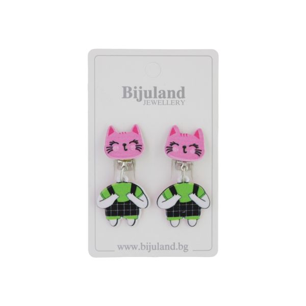 JEWELRY - EARRINGS - CLIP ON - CHILDREN'S - CAT WITH PANTS Е424 - GREEN-BLACK - 1 pair