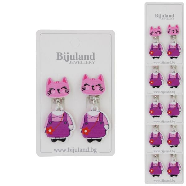 JEWELRY - EARRINGS - CLIP ON - CHILDREN'S - CAT WITH SUCMAN Е423 - CYCLAMEN (DARK)-PINK - PACKAGE 6 pairs