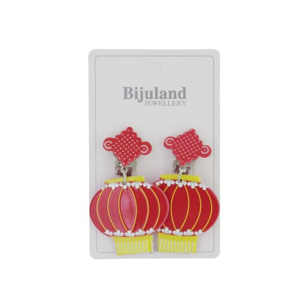JEWELRY - EARRINGS - CLIP ON - CHILDREN'S - MACRAMÉ WITH LANTERN Е426 - RED-YELLOW - 1 pair