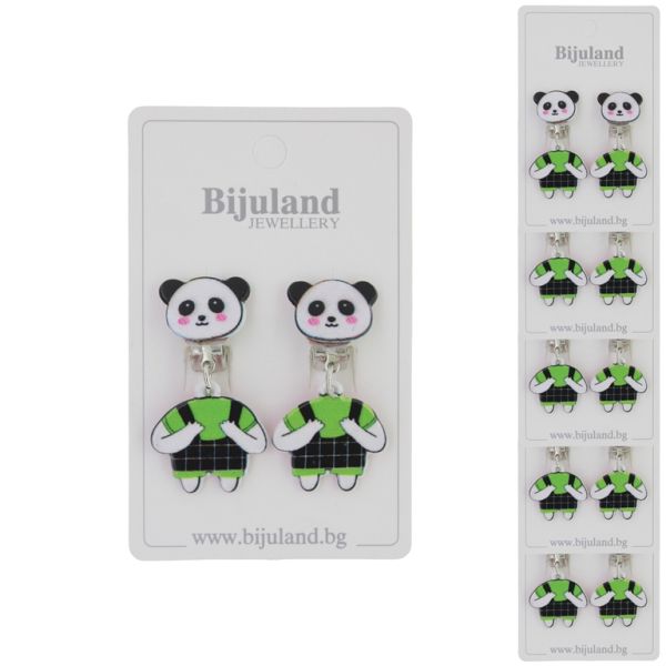 JEWELRY - EARRINGS - CLIP ON - CHILDREN'S - PANDA WITH PANTS Е419 - GREEN-BLACK - PACKAGE 6 pairs
