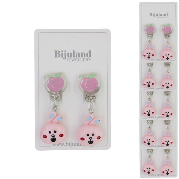 JEWELRY - EARRINGS - CLIP ON - CHILDREN'S - PEACH WITH RABBIT Е395 - PINK (DARK)-PINK (LIGHT) - PACKAGE 6 pairs