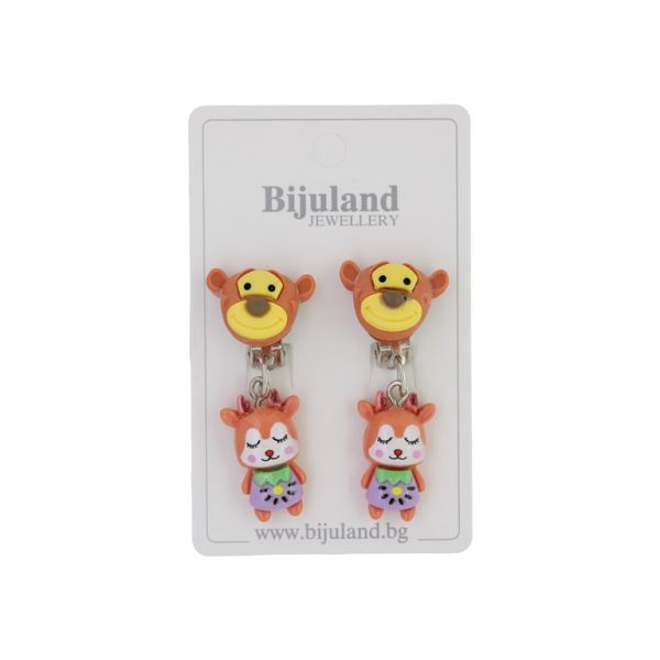 JEWELRY - EARRINGS - CLIP ON - CHILDREN'S - TIGER WITH DEER Е400 - YELLOW-ORANGE (DARK) - 1 pair