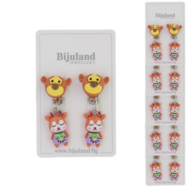 JEWELRY - EARRINGS - CLIP ON - CHILDREN'S - TIGER WITH DEER Е400 - YELLOW-ORANGE (DARK) - PACKAGE 6 pairs