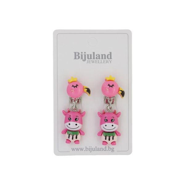 JEWELRY - EARRINGS - CLIP ON - CHILDREN'S - FLAMINGO WITH COW Е407 - PINK-PINK - 1 pair