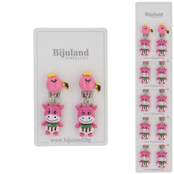 JEWELRY - EARRINGS - CLIP ON - CHILDREN'S - FLAMINGO WITH COW Е407 - PINK-PINK - PACKAGE 6 pairs