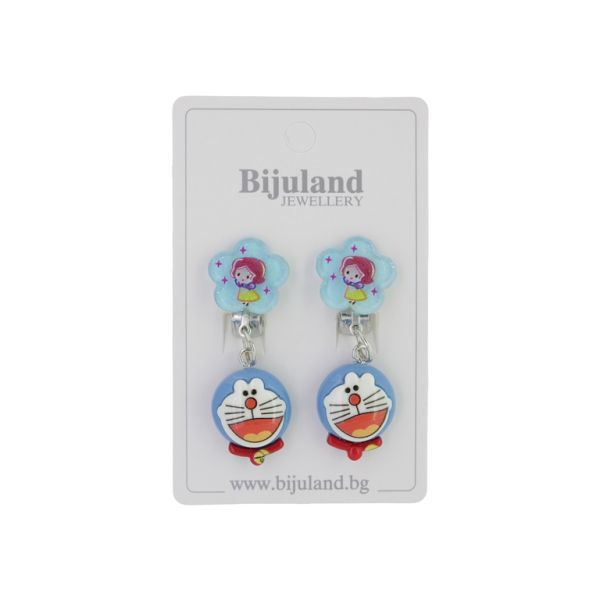JEWELRY - EARRINGS - CLIP ON - CHILDREN'S - FLOWER WITH DORAEMON Е396 - BLUE (LIGHT)-BLUE - 1 pair