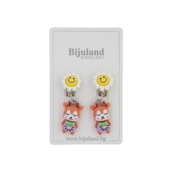 JEWELRY - EARRINGS - CLIP ON - CHILDREN'S - FLOWER WITH DEER Е408 - YELLOW-ORANGE (DARK) - 1 pair