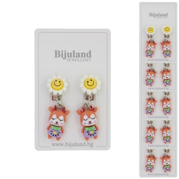 JEWELRY - EARRINGS - CLIP ON - CHILDREN'S - FLOWER WITH DEER Е408 - YELLOW-ORANGE (DARK) - PACKAGE 6 pairs