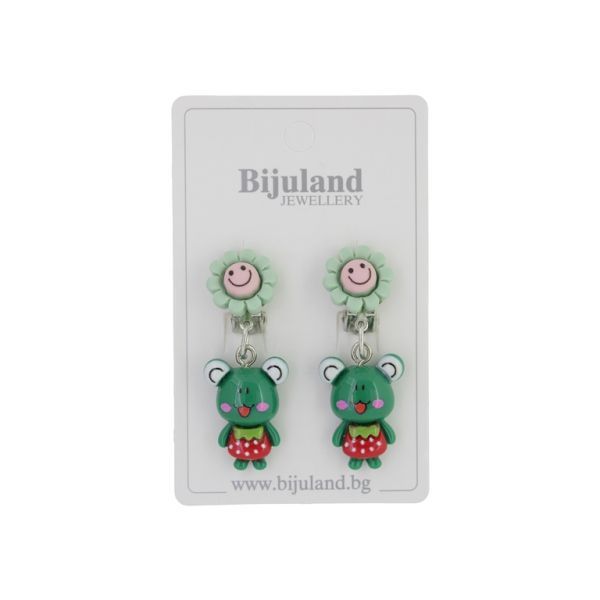 JEWELRY - EARRINGS - CLIP ON - CHILDREN'S - FLOWER WITH FROG Е413 - PINK (LIGHT)-GREEN (DARK) - 1 pair